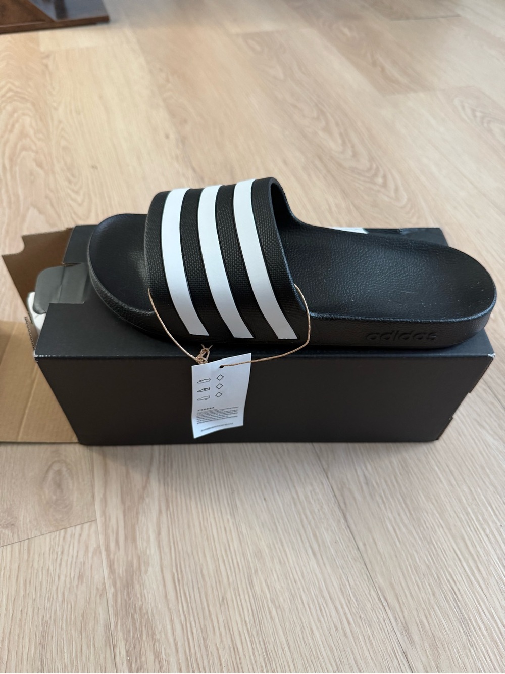 adidas Black Slide Sandals with White Stripes - Picture 2 of 2